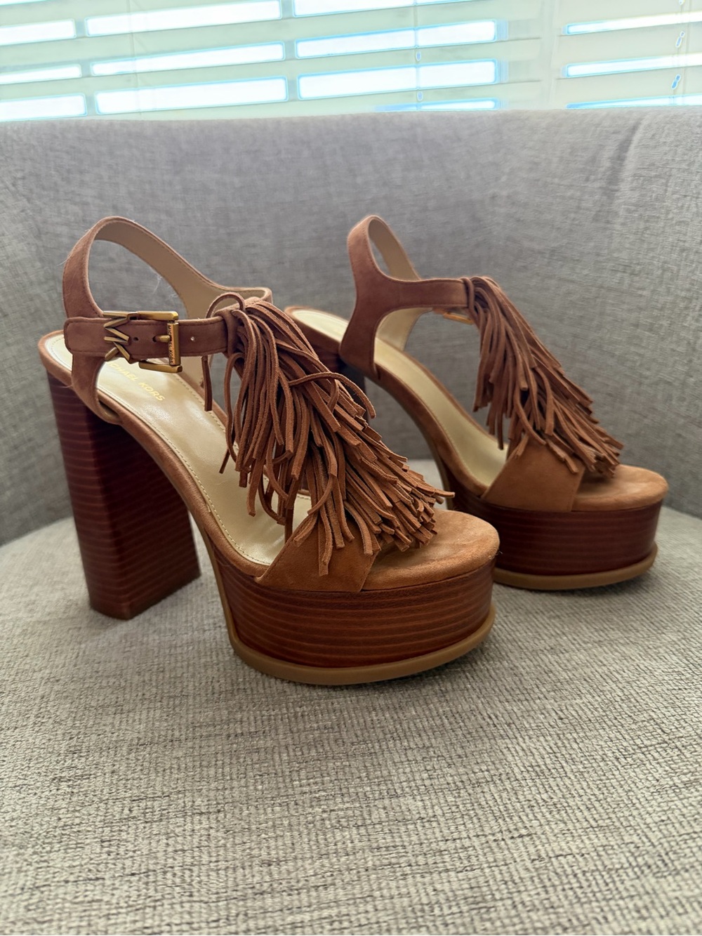 Michael Kors Size 7 Leather Fringed Platform Block Heel Sandals - Brown